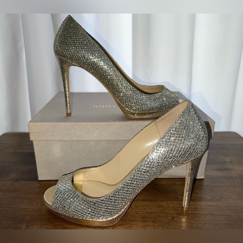 Jimmy Choo Luna 100 Champagne Glitter Fabric Peep Toe Platform Pumps